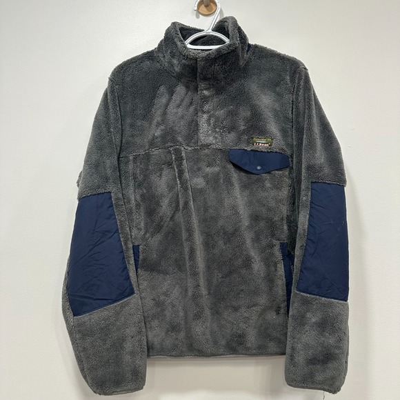 LL Bean Medium Gray Blue Sherpa Popover 1/2 Button Outerwear Fleece‎  Fuzzy - Picture 1 of 13